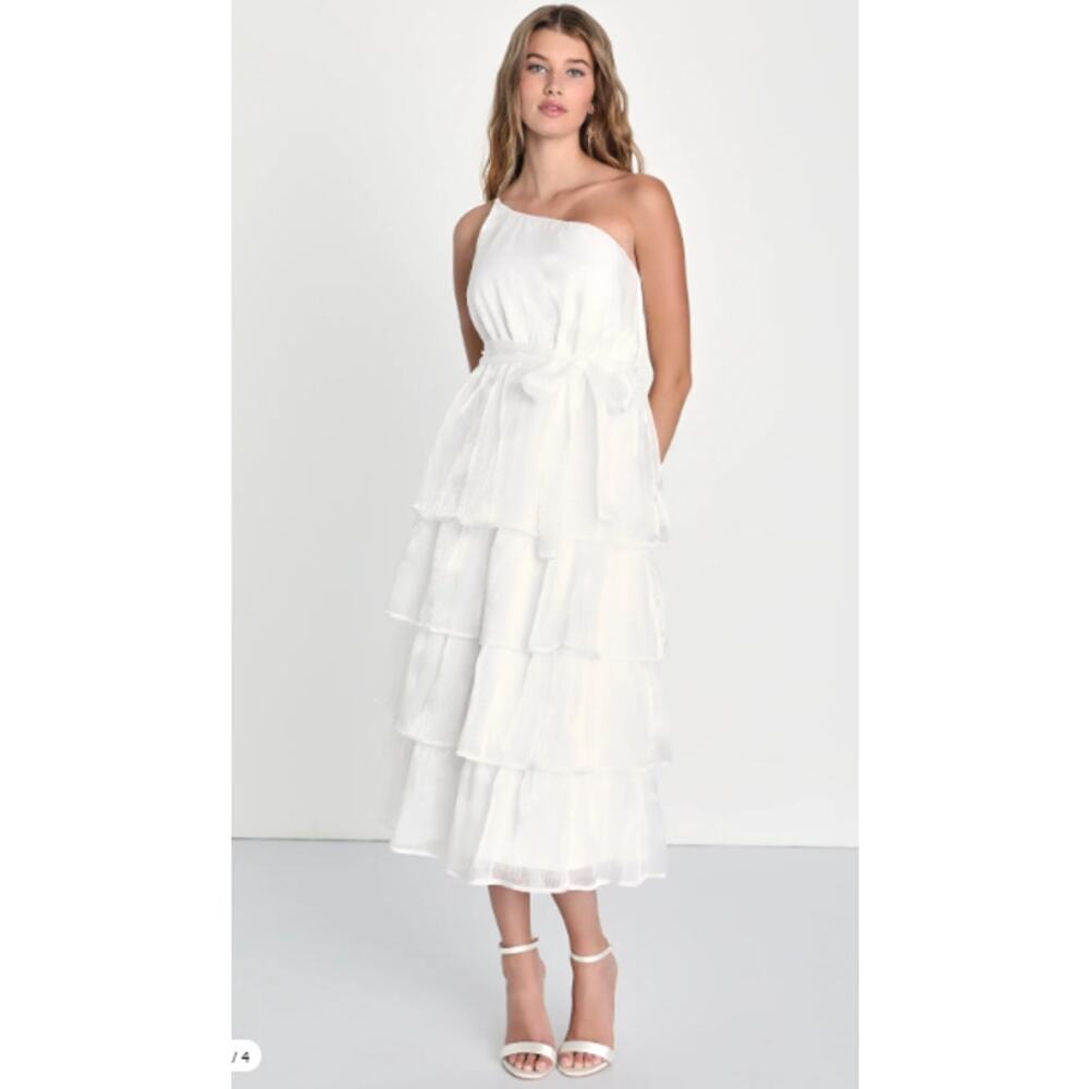 Lulus Sweetest Success White Organza Tiered One-Shoulder Midi Dress‎ Small
